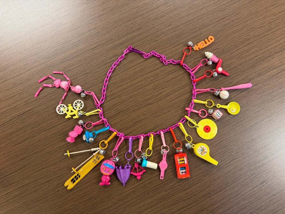 Vintage Retro Bell Charm Necklace 19pc BobbleHead Skeleton Toilet Abacus Whistle